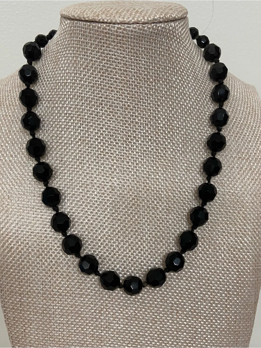 Vintage Made in Austria Black Faceted Crystal Glass Bead Necklace – Mid-Century